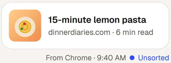 A saved recipe link with its picture, site and reading time