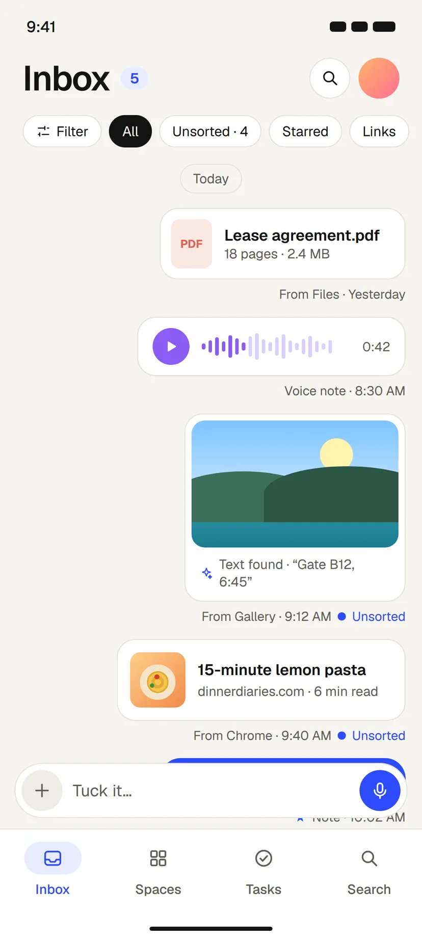 The tucck Inbox on Android: a PDF, a voice note, a screenshot with its text found, and a recipe link