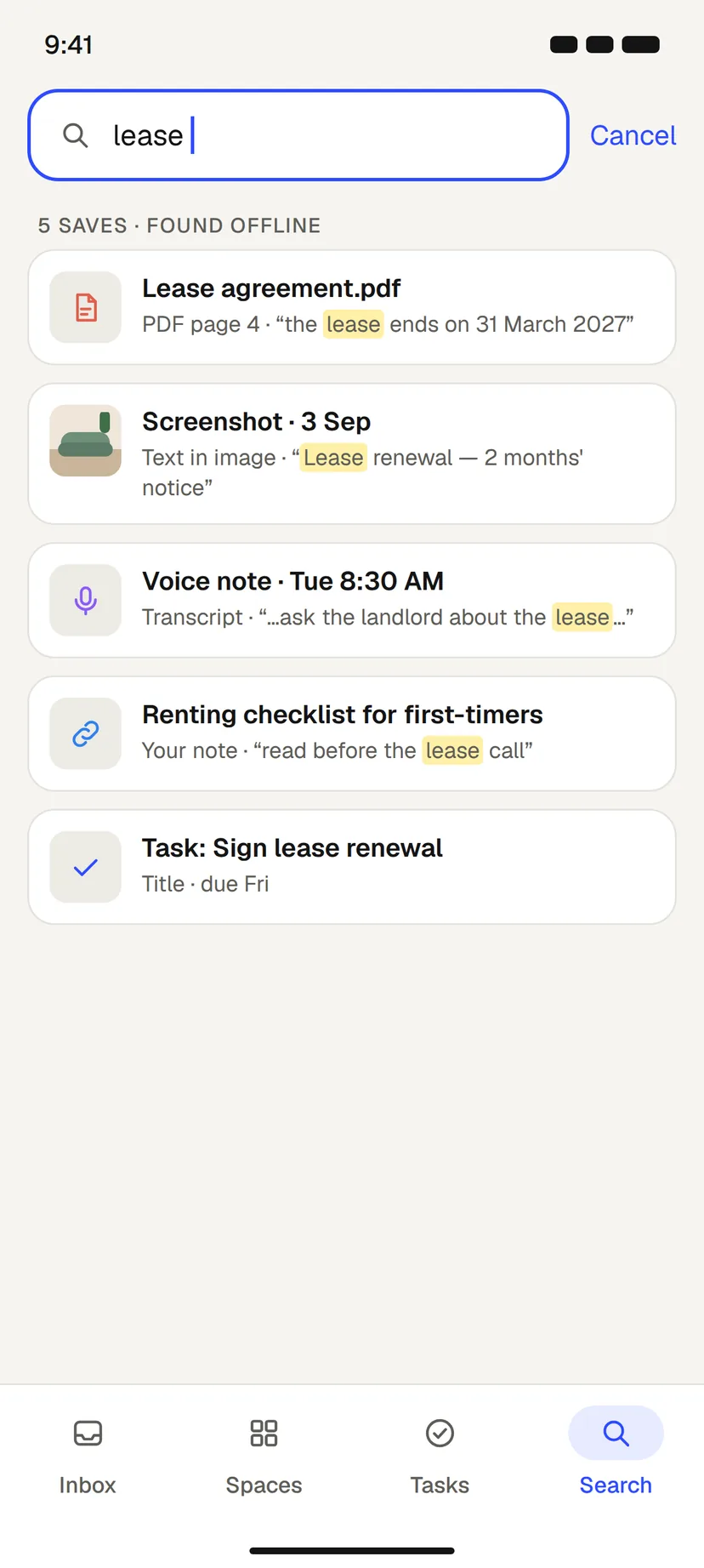 Searching “lease”: a PDF page, a screenshot, a voice note, a note and a task, each with why it matched