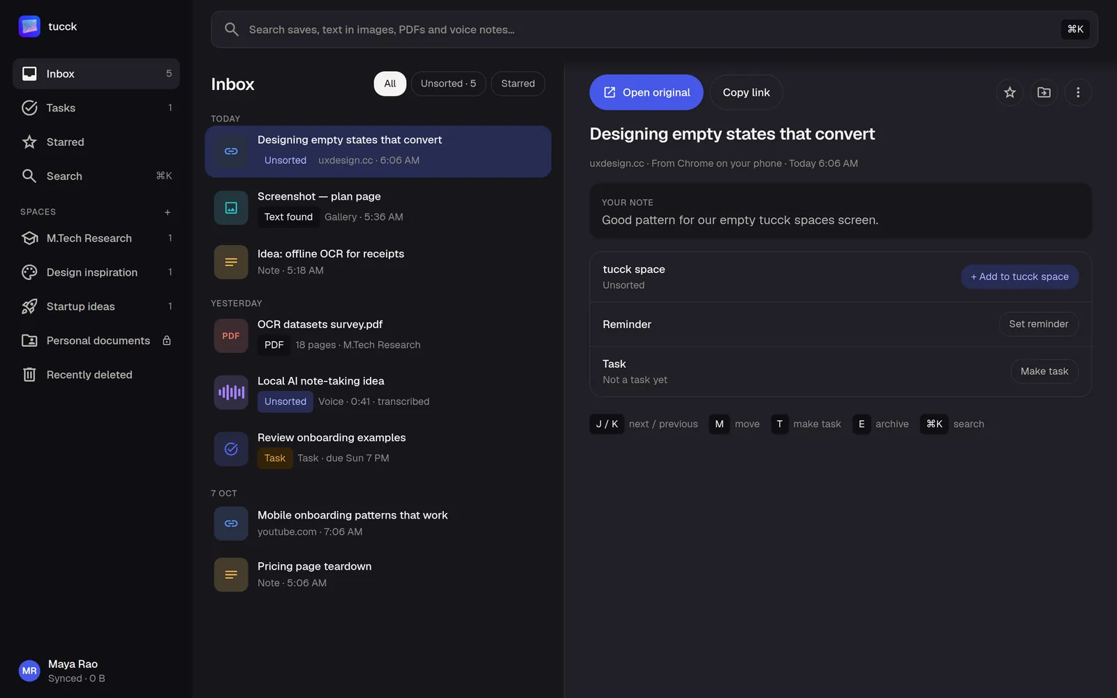 tucck web: the Inbox with a saved link open beside it