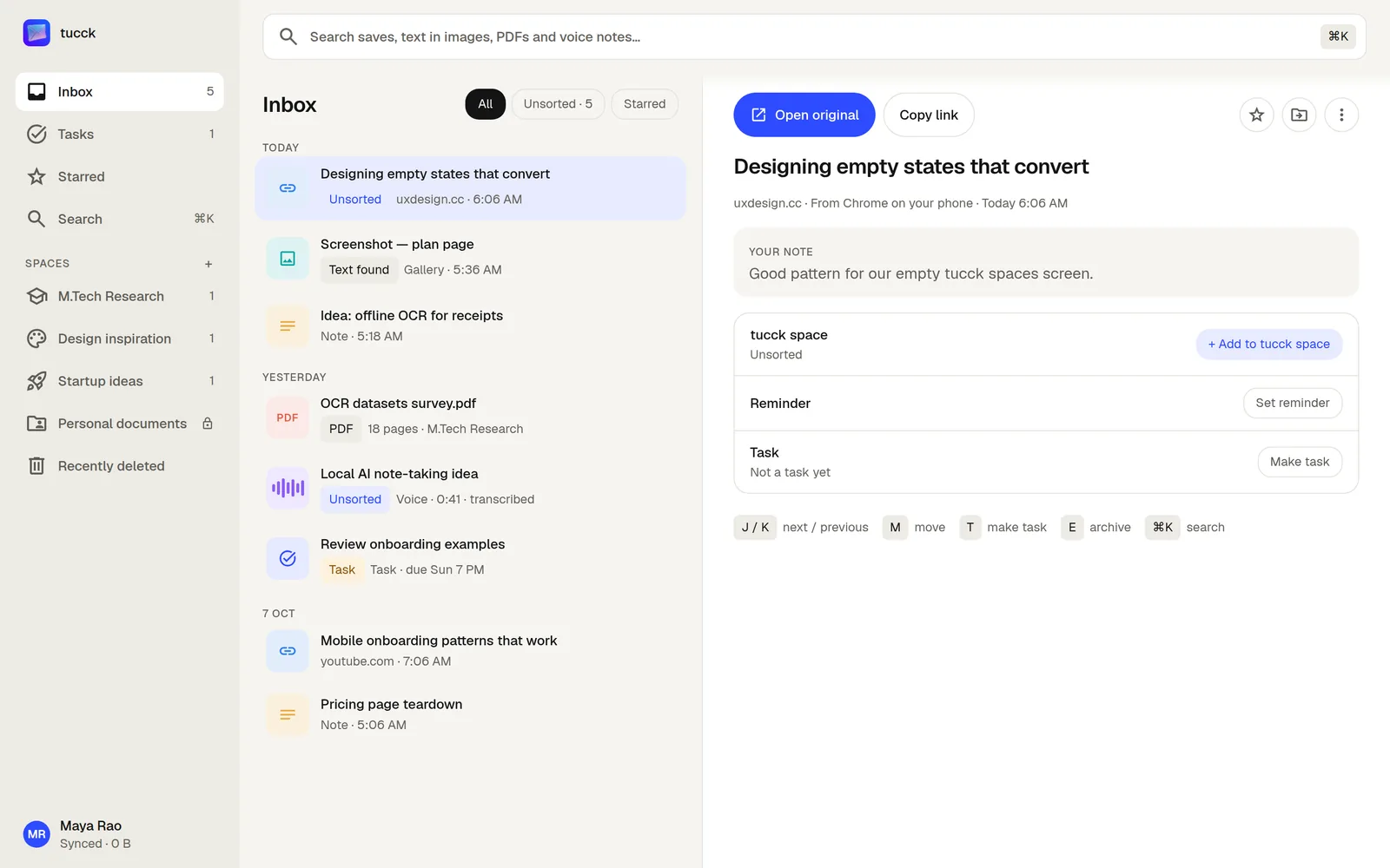 tucck web: the Inbox with a saved link open beside it