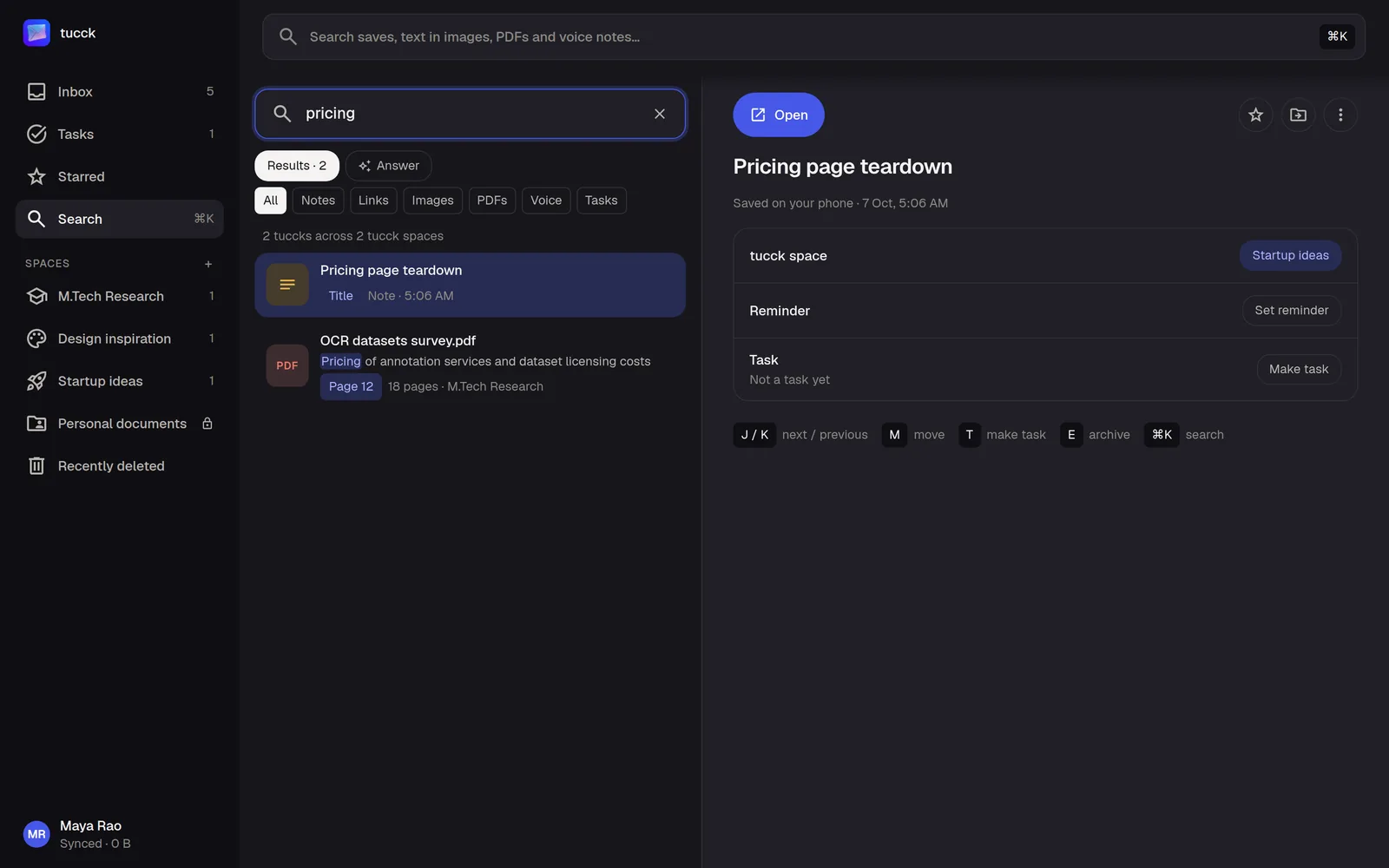 tucck web: searching “pricing” finds a note and page 12 of a PDF