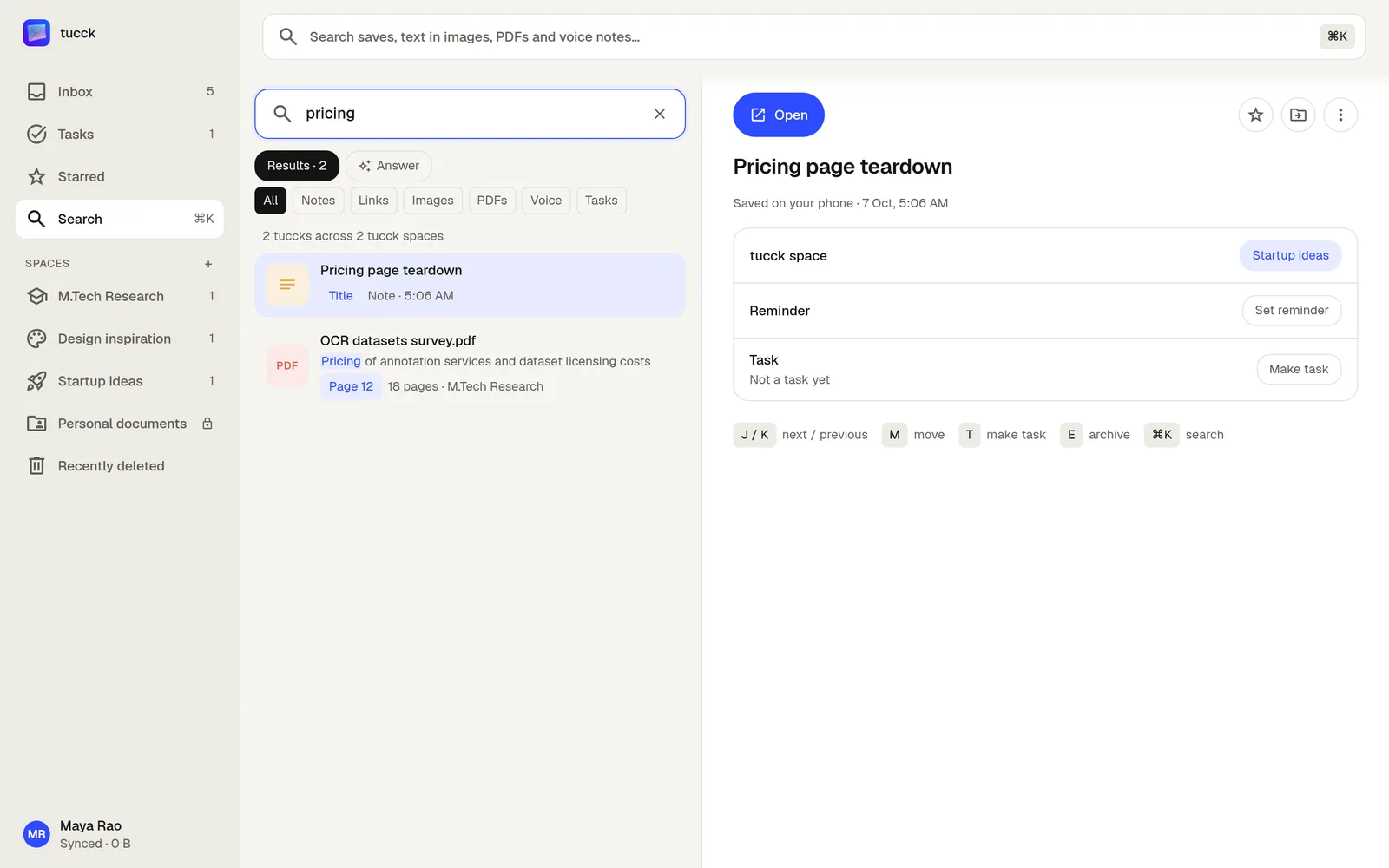 tucck web: searching “pricing” finds a note and page 12 of a PDF